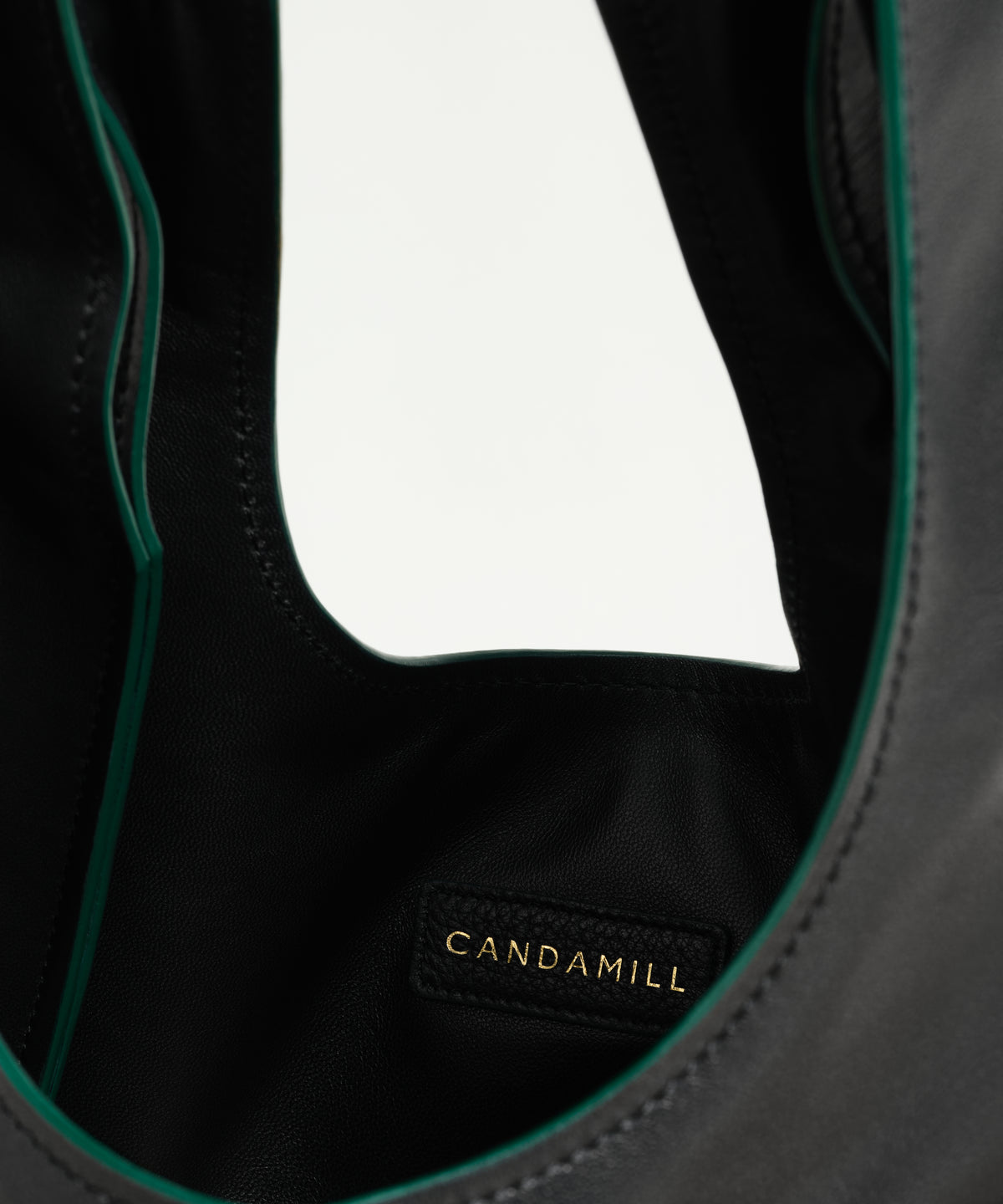Interior detail of The Collector Gold tote showing the lining and Candamill label