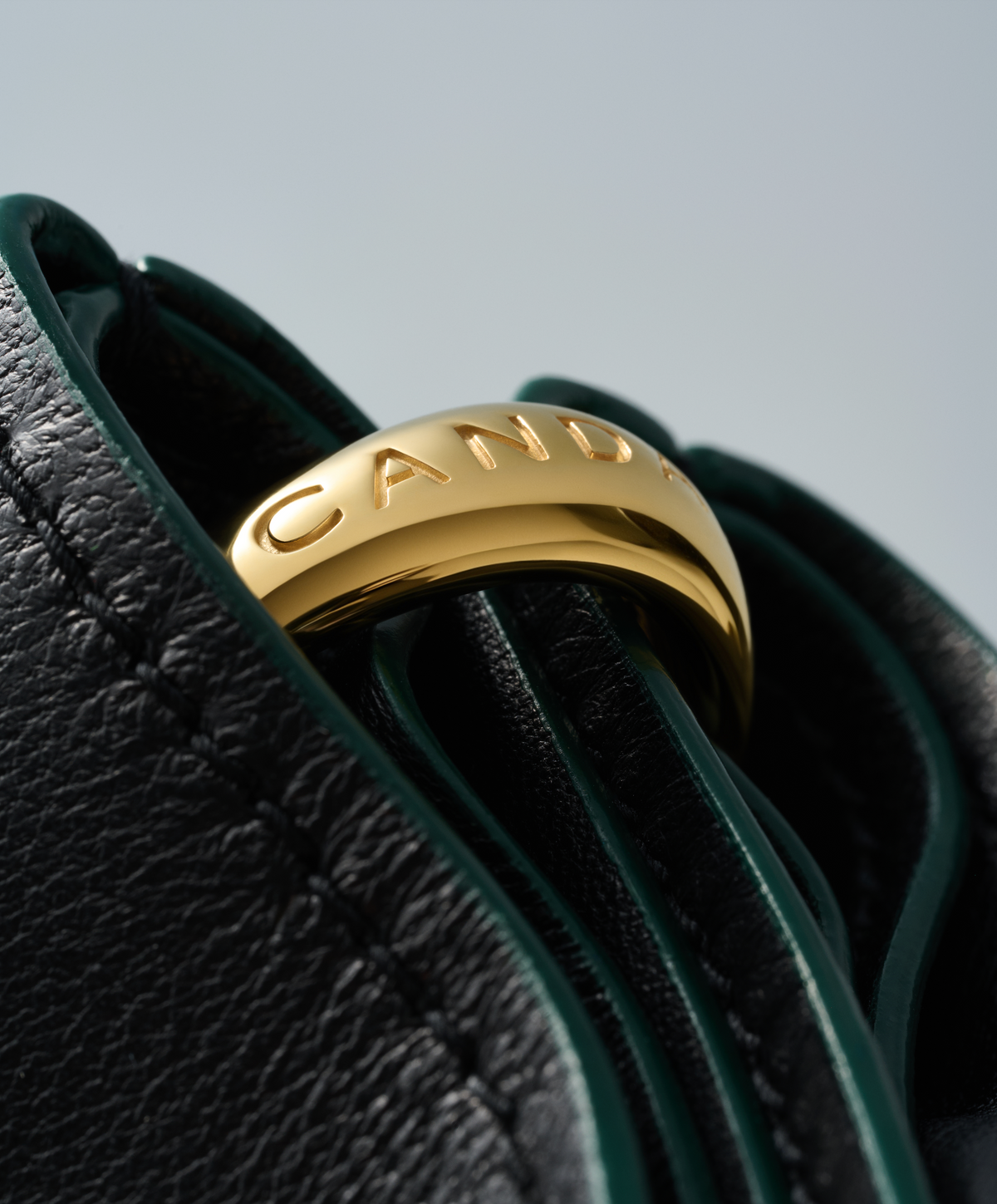 Close-up of The Collector tote's engraved Gold cuff and textured Black leather
