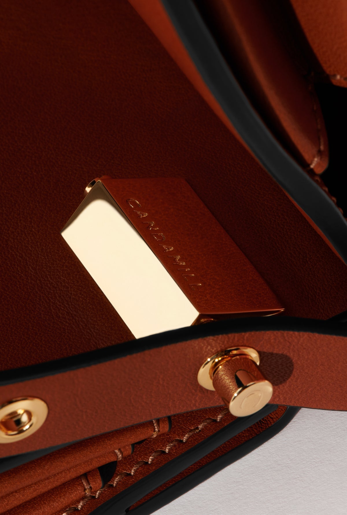 Close-up of High Rise Saddle leather, triangular gold hardware and strap fastening